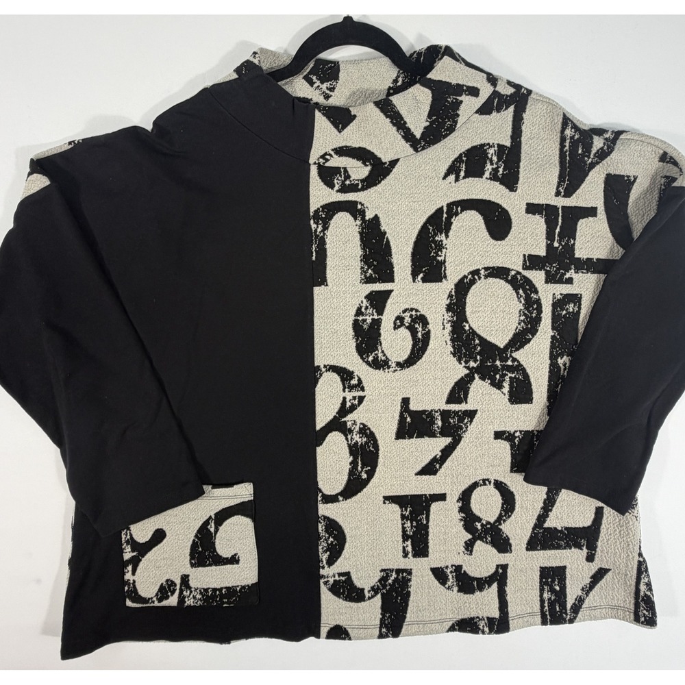 Chalet et Ceci Womens Black Cream Number Print Artsy Lagenlook Tunic Top USA